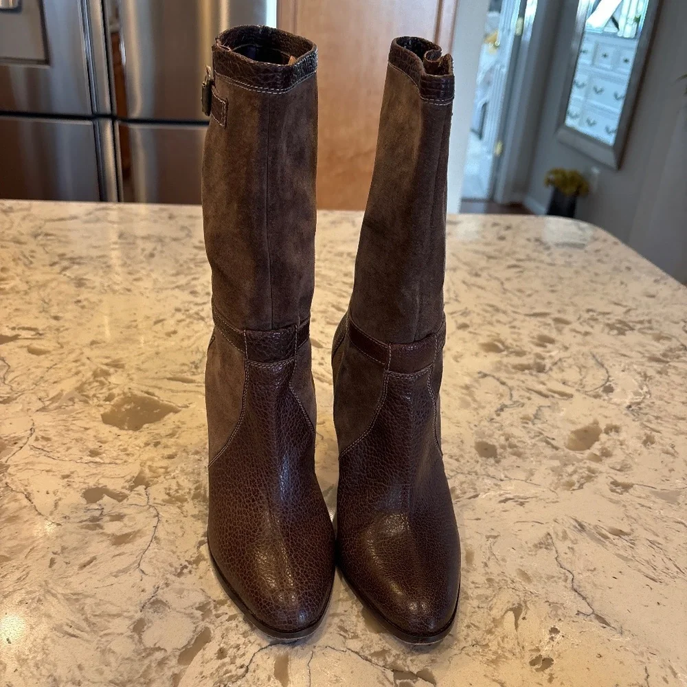 Michael Kors Brown Suede & Leather Mid-Calf Heeled Boots
